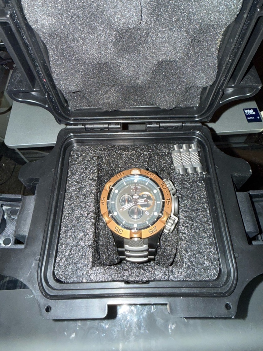 Invicta Stainless Steel Watch with Copper-Tone Bezel and Black Dial